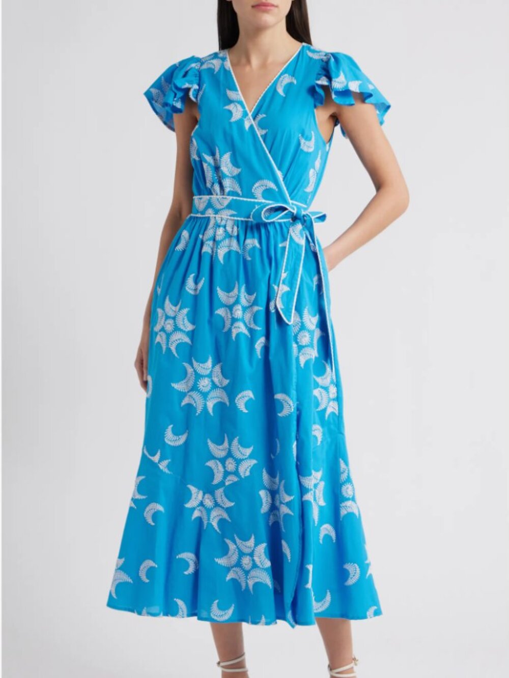 CIEBON Embroidered Side Tie Cotton Wrap Dress